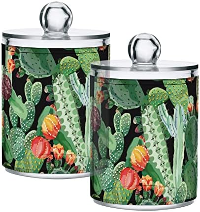 Cactus Green Flower Cotton Swab Suports Recipientes de banheiro Jarros com tampas conjuntos de algodão Round Bolder Round Port para cota de algodão Swab Rounds Maquiagem Esponjas de banheiro Armazenamento de banheiro, 2 pacote