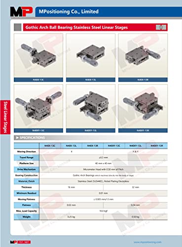 MPositioning N40X-13L GOTHIC ARCH Ball Stage de aço com deslocamento de 13 mm e micrômetros montados na esquerda