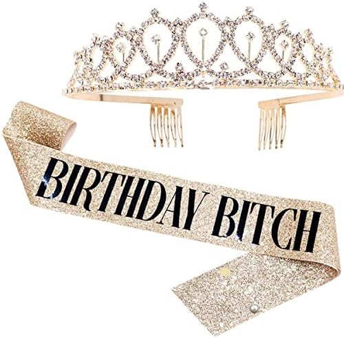 Latfz Birthday Bitch Sash & Crown Tiara Kit - Presente de aniversário de aniversário de brilho de brilho para mulheres material de