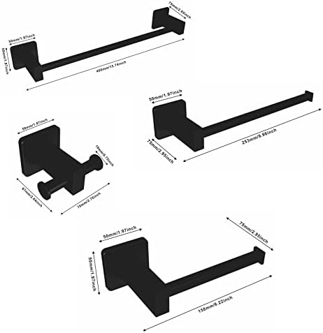 Tapmee 4 -Pieces Conjunto de hardware do banheiro preto fosco SUS304 Montado de parede de aço inoxidável - Inclui barra