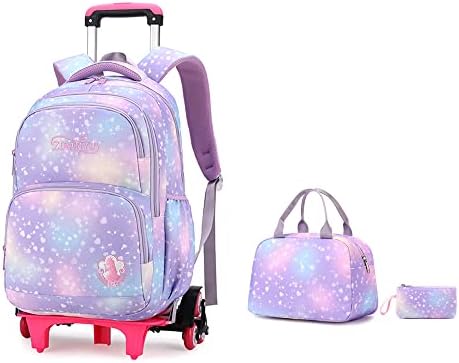 Lanshiya 3 PCs Dream Princess Wind Rolling Mackpack for Girls Wheeled Travel Bag Bolley School Bag Purple Six Wheels