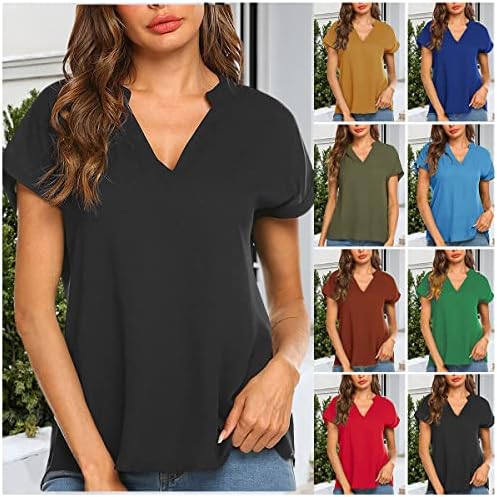 NXXYEEL Feminina Blusa Elegante Chiffon Cor Solid Color V Manga curta Casual Casual Tops Blousis Women Summer Loose Fit