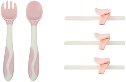 Tibrail 5 Pack Silicone Baby Spoons e Fork Straw, Fork de Poubador Infantil de Primeiro Passo, desmame liderado por bebês, palha