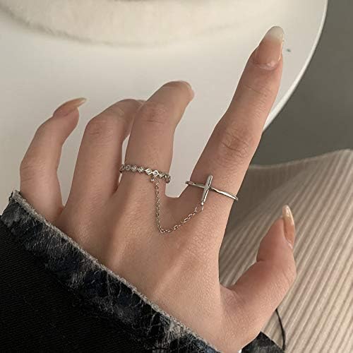 Anel de junta cruzada gótica de asfire com borla de corrente meio aberta indicador de cristal anel de dedo anel de prata festival de