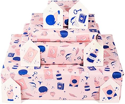 Folhas de papel de embrulho 23-6 centrais - Design de bruxa rosa - embrulho para garotas adolescentes - papel de embrulho de aniversário para ela - Natal