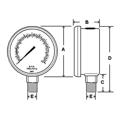 PIC GAIGE 301D-204E 2 Dial, faixa de 0/100 psi, tamanho de conexão de 1/4 masculino de conexão masculino, medidor de