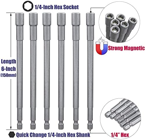 Yakamoz 6pcs Long Impact Driver Driver Conjunto de porca magnética Bits driver de porca de 1/4 HAISTA HEX TO RUNCO DE BRILHA DE SOCKETA