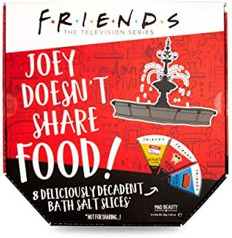 Mad Beauty Friends TV Show Joey não compartilha comida 8 fatias de sais de banho ambientados em embalagens engraçadas de pizza para compartilhar ou não compartilhar, relaxando e hidratante coco, peony, chá de baunilha e muito mais