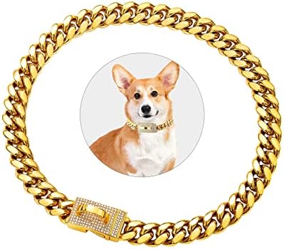 Colar de corrente de cachorro Suei, colar de cachorro cubano de 14 mm com bling bling cz dimonds, fivela 18k links de metal aço inoxidável banhado a ouro, para acessórios pequenos e médios de cães, 16 ''