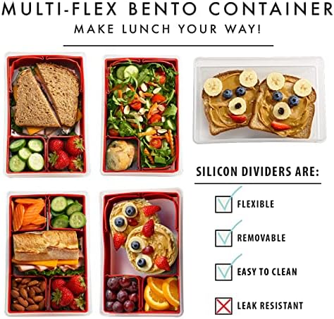 FIT + Caixa Bento Multi-Flex fresco, Recipiente de almoço reutilizável, personalizável e vertical com 2 pacotes de gelo fino, perfeitos para lancheira isolada, lancheira e muito mais, vermelho