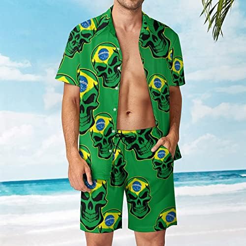 Brasil Flag Skull masculino de 2 peças da praia Button Hawaiian Down Down Sleeve Sleeve e ternos de shorts