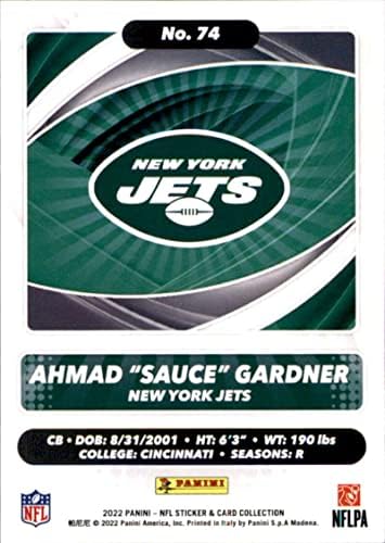 2022 Panini NFL Sticker Card 74 Ahmad Molho Gardner New York Jets Cartão de futebol novato