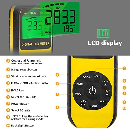 Medidor de luz Medidas de temperatura ambiental do computador de mão 1-400.000 lux/fc com detector rotativo de 270 ° para toda a luz visível, industrial, doméstica, plantas e fotografia-Certificado de calibração RQ-881D