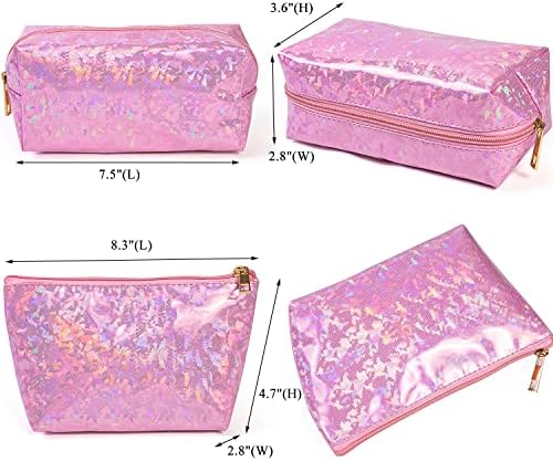 Sacos de maquiagem Fitini 3 peças Viagem de dupla camada Viagem grandes casos de cosméticos holográficos Sacos de higiene pessoal organizadores à prova d'água bolsa de zíper para mulheres Bolsa de armazenamento de escova de maquiagem, rosa claro