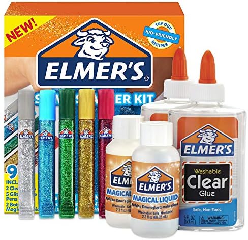 Kit iniciante de Elmer, cola da escola clara, canetas de cola de glitter e solução de ativador de líquido mágico, 9 contagem