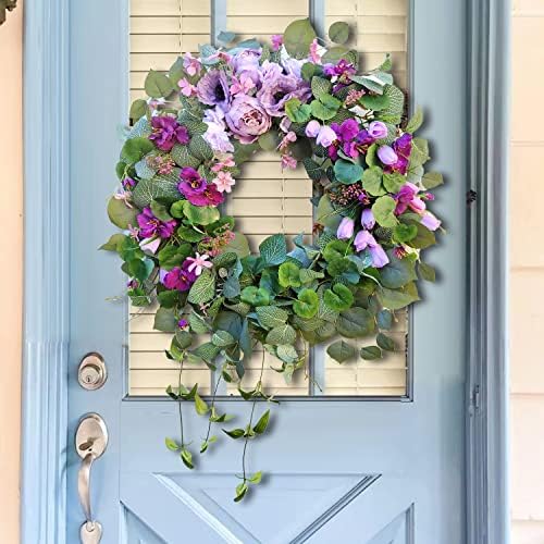 Wanna-Cul 24 polegadas Spring Peony Floral Greath para a porta da frente com flor de tulipa roxa para casamento ou decoração de casa