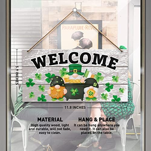 Placa de decoração de parede do dia de São Patrício, sinal de boas -vindas Gnome, Lucky Clover pendurando sinal para a varanda de porta em casa Party Party St. Patrick's Decoration Irish Shamrocks Farmhouse Placa