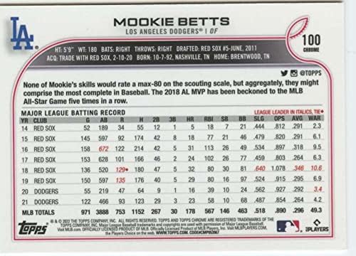 2022 Topps Chrome #100 Mookie Betts Los Angeles Dodgers Baseball Cartão de negociação oficial da MLB
