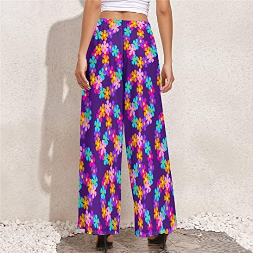 Calças de paz floral primavera na cintura alta hippie estampa brilhante calça de perna larga casual fêmea de grandes