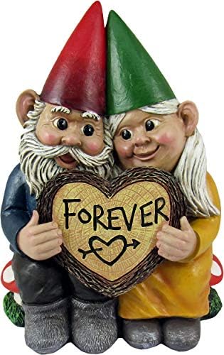 Dwk World of Wonders Gnome & Forever-Adorável casal de gnome pintado à mão Apaixonado por uma fatia de madeira para sempre em forma de coração estatueta externa para fora do jardim romântico de jardim de jardim, sotaque, 6,5 polegadas