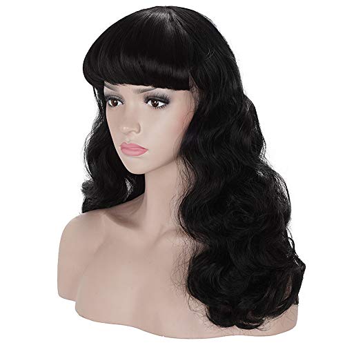 Morvally 50s de comprimento médio vintage Perucas pretas com franja | Peruca de cabelo sintético ondulado natural para mulheres Halloween