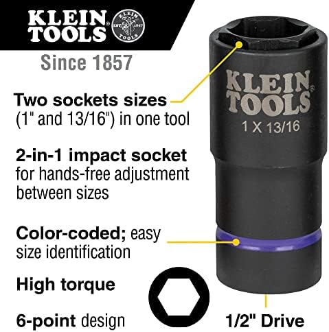 Klein Tools 66065 2-em 1 soquete de impacto profundo, tamanhos de soquete hexadecimal de 1 polegada e 13/16 polegadas,