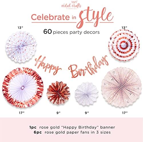 Vidal Crafts 60 PCs Definir decorações de festa de ouro rosa para mulheres, balões de confetes de ouro rosa, fãs e faixas,
