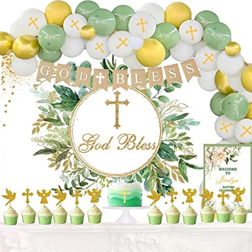 97 PCS Decorações de batismo para meninos, Fiesec Primeira comunhão Decorações de festa de batismo de Deus abençoe o cenário de pano de fundo guirlanda arco linho banner poster bolo cupcake topper sage sage sage sage sálvia