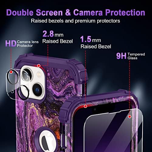 Miqala para iPhone 13 estojo com 2 protetor de tela de vidro temperado+ 2 protetor de lente da câmera, brilho na caixa de proteção à prova de choque de três camadas escuro para iPhone 13 6,1 polegadas, roxo profundo
