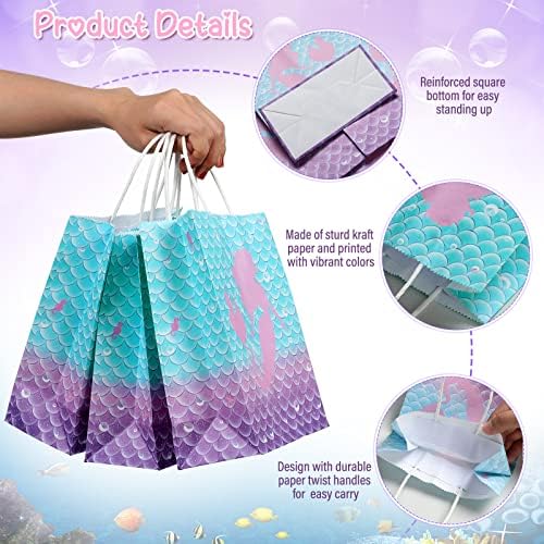 Jectivs 16 peças Mermaid Birthday Party Favor Favors, Girls Kraft Paper Gift Bags Mermaid Candy Goodie Treat Saco com alças para