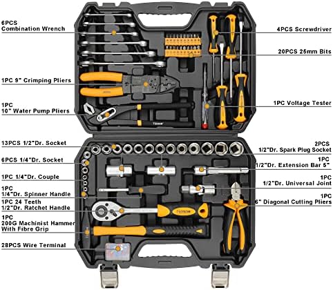 Hoteche Kit de ferramentas mecânicas automotivas de 89 peças conjunto para reparo de carros com chaves de fenda, martelo, alicate,