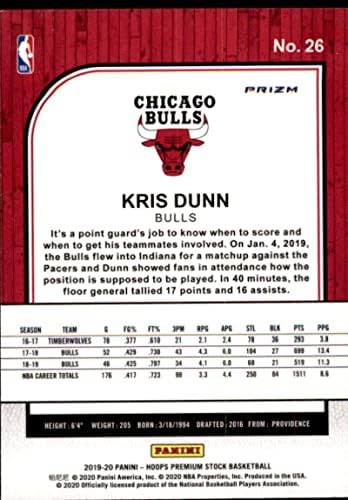 2019-20 Panini Hoops Premium Pulsar Prizm 26 Kris Dunn Chicago Bulls NBA Basquete NM-MT