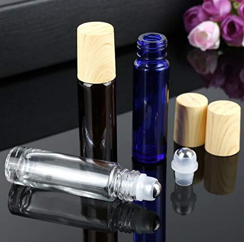 10ml/0,34 onças de vidro essencial garrafas de frasco de frasco com bolas de rolo de aço e tampa de plástico de madeira