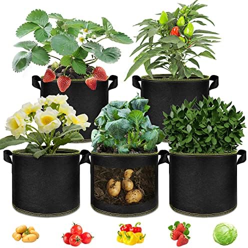 Fuiwui Sacos de cultivo de 5 galões - 5 pacote, panela de planta pesada com hanble e aeração espessada recipiente de plantador não tecido para batata externa, tomate, pimenta, cenoura e legumes