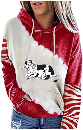Hoodie de vaca fofa para mulheres tops casuais soltos retalhos de tração com capuz de manga comprida pulôver solo moletons de camisetas