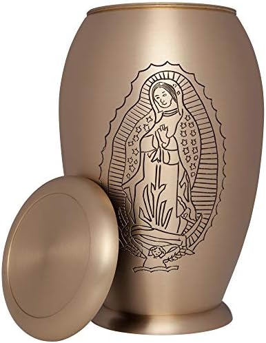 Gold Religious Catholic Virgin Mary Funeral Cremation Urn; Modelo de Guadalupe Lujan em latão para cinzas humanas; Adequado para o enterro do cemitério; Fits restos de adultos de até 200 libras