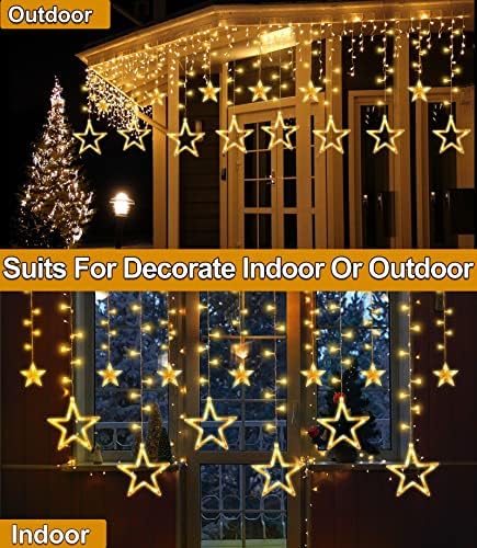 Star Curtain Lights Decoração de Natal, 12 estrelas 138 LED 8 Modos Timer Remoto Remoto Curta de Janela USB Luzes de cordas de fada para o quarto Decorações de Natal Casamento Ramadan, 6.7x3.3 ft
