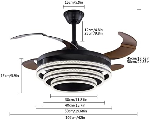 Ventilador de teto retrátil de Yiyibyus 42 , ventilador de teto de cronometragem preto de 3 cores com luzes e remoto,
