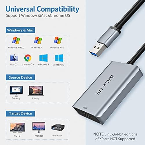 ADAPTOR ABLEWE USB para HDMI, 2023 Alumínio Atualizado USB 3.0/2.0 para HDMI Converter de vídeo para laptop PC HDTV, Suporte Mac OS,