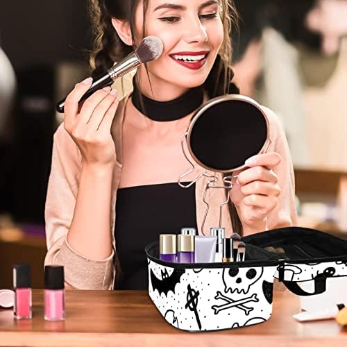 Saco de maquiagem pequeno, organizador cosmético de bolsa com zíper para mulheres e meninas, Halloween Black White Skull Bat Pumpkin