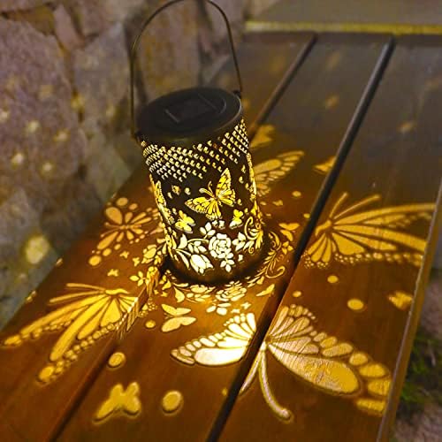 Lanternas solares BVGY Decoração de jardim ao ar livre pendurar luzes solares, lanternas de borboleta de metal, lanternas ao