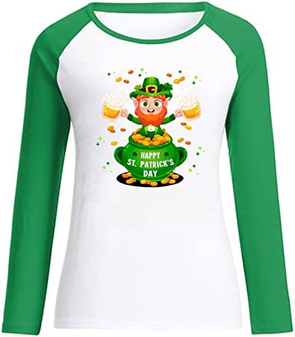 Camisas irlandesas para mulheres de manga longa St Patricks Day Shamrock Tops Block Color Block Tee O-pescoço Pullover Casual Bloups