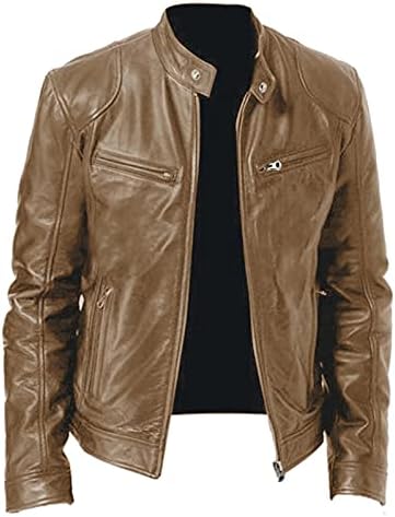 Mens Classic Pleated Leather Jacket Splicing Zipper Stand Gollar Imitation Tops