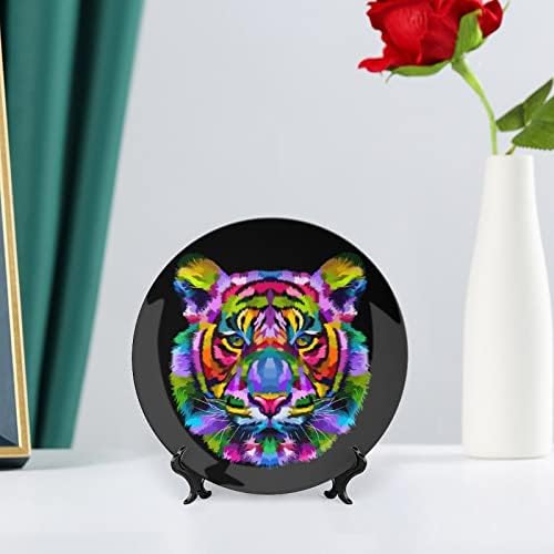 Cabeça colorida de tigre ósseo engraçado porcelana placa decorativa Placas de cerâmica redonda Craft With Display Stand