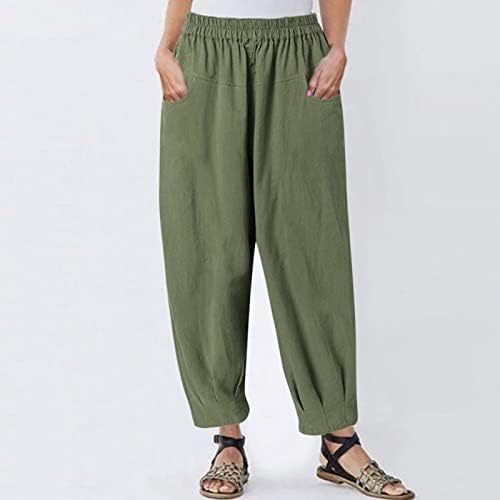 Calças de linho de algodão feminino de verão, cintura elástica de perna larga e larga harema yoga capris calças cortadas