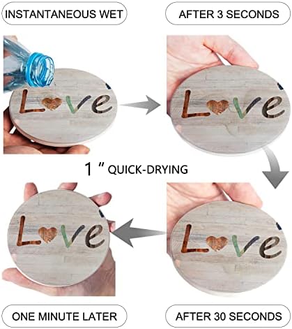 Love Heart Drink Coasters Palavra amor em tábuas de madeira Coasters de cerâmica para decoração de casa, montanhas-russas resistentes