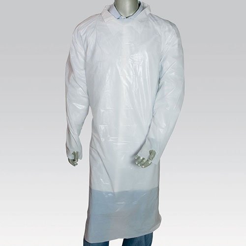 Vestidos de isolamento de polietileno branco real com loops de polegar, 47 polegadas x 37 polegadas, pacote de 100