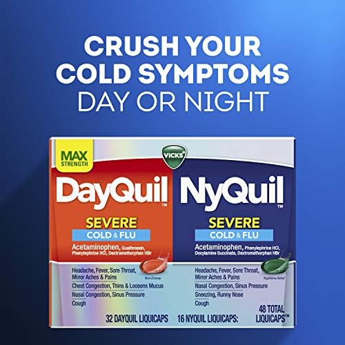Vicks Dayquil e Nyquil Combo grave, remédio para resfriado e gripe, alívio máximo de força para febre, dor de garganta, congestão nasal, pressão do seio, nariz entupido, tosse, 48 contagem, 32 Dayquil, 16 Nyquil