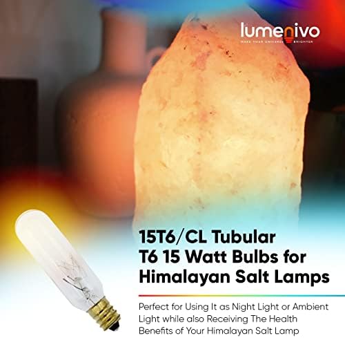 Bulbos de 15 watts para lâmpadas salgadas do Himalaia por Lumenivo - 15T6/Cl Tubular T6 15 watts Candelabra Bulbo E12 Lâmpadas de base para sinais de saída - Limpa - 120V - 1 pacote