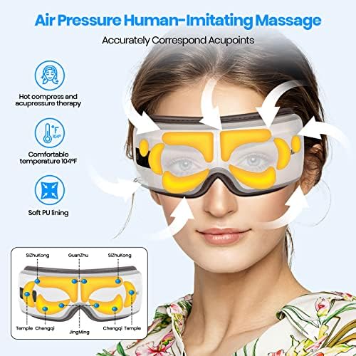 Massageador de olho de cabeça com massageador de olho de calor com música bluetooth, 6 modos de massageador e 10 minutos